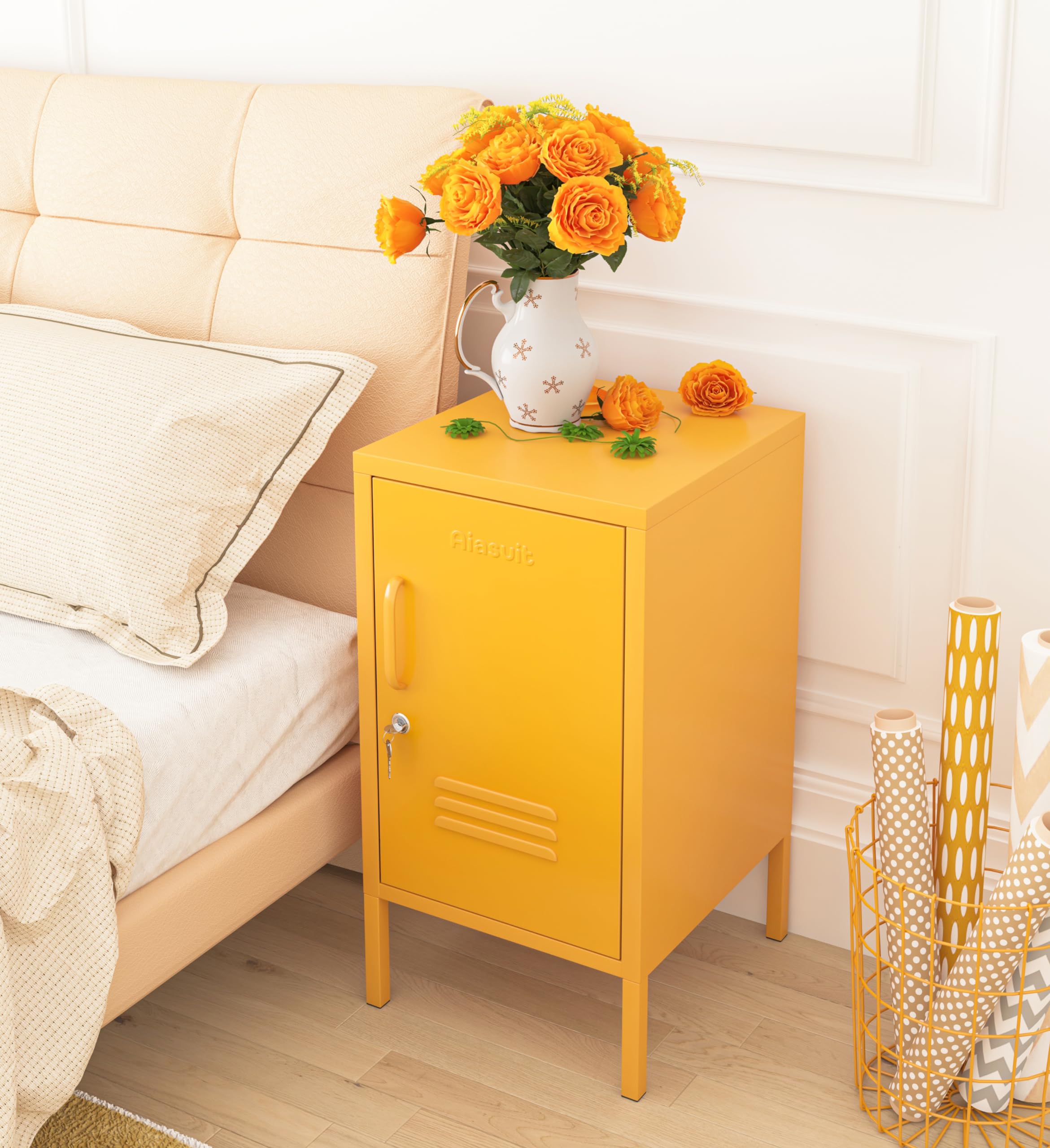 Aiasuit Single Door Lockable Metal End Table with Storage Cabinet